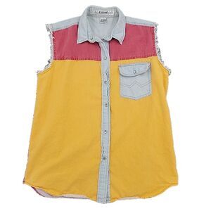 Kikomo Mens Sleeveless Snap Front Shirt Size Large Color Block Fringe Pocket